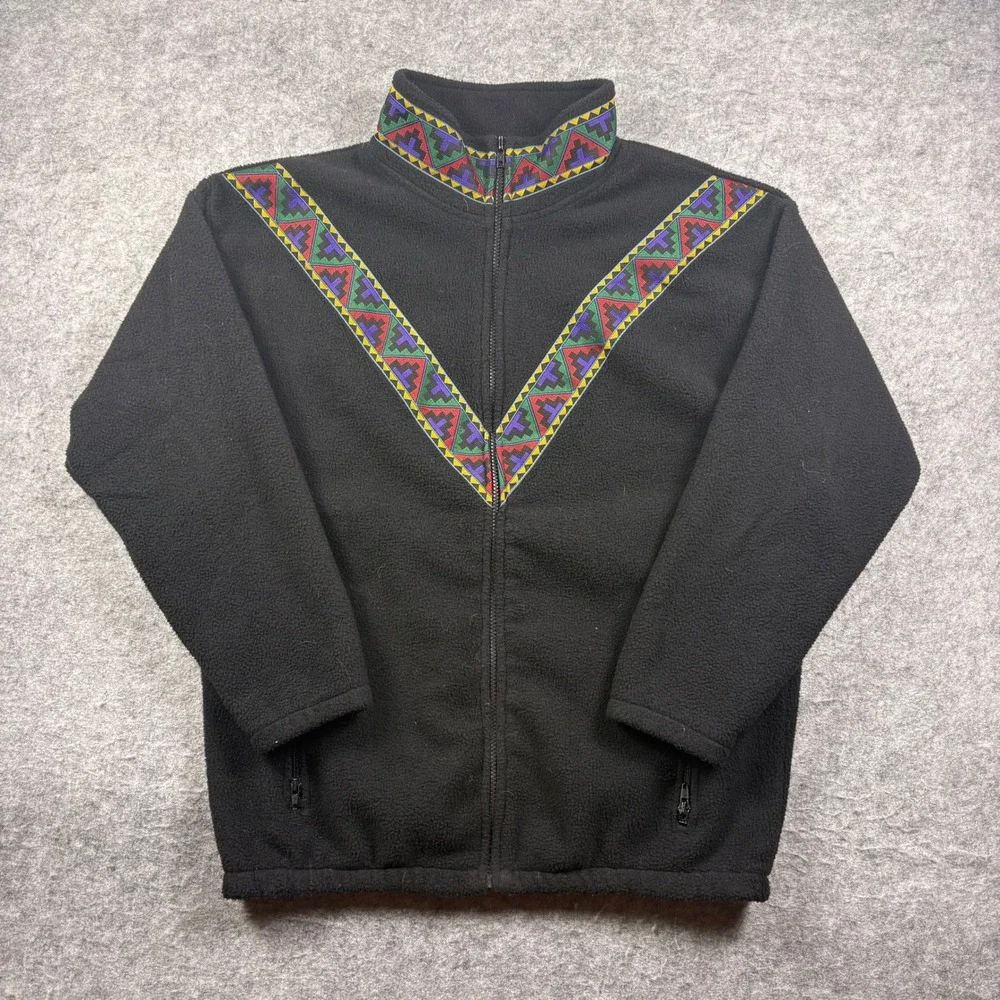 Vintage Black Mountain Fleece Jacket Southwestern Tribal Aztec Black Full Zip M